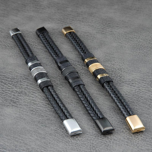 Lederarmband "Trio Charming" aus geflochtenem Leder mit Edelstahl-Charms