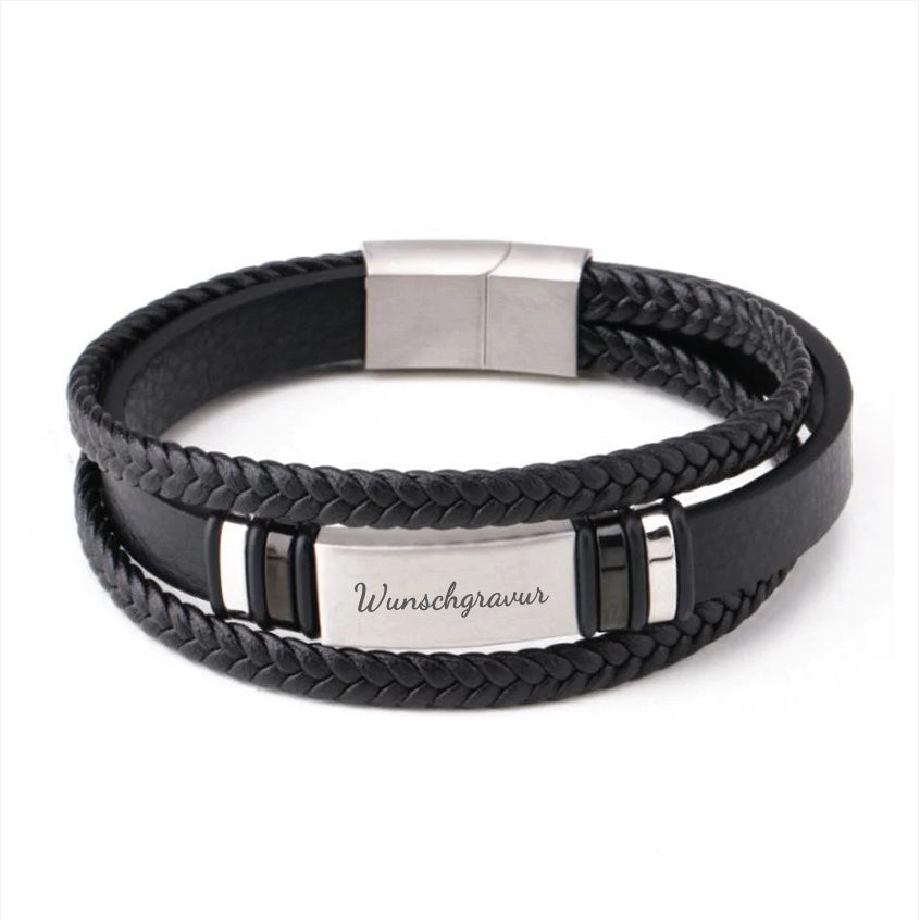 Svart läderarmband "Leather & Plate" med gravyr